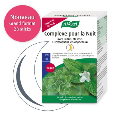 Complément alimentaire avec extrait de laitue et de mélisse, de L-tryptophane et de magnésium.