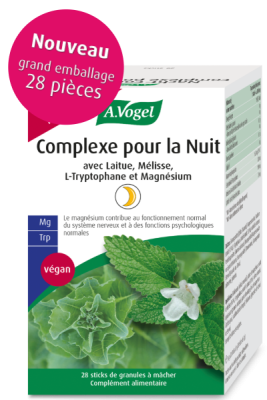 Complément alimentaire avec extrait de laitue et de mélisse, de L-tryptophane et de magnésium.
