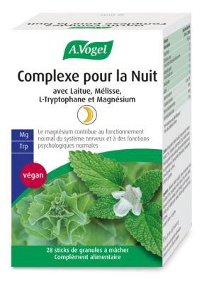 Complément alimentaire avec extrait de laitue et de mélisse, de L-tryptophane et de magnésium.